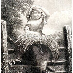 1859 Girl Waiting At Stile On Farm Steel Engraving Victorian Art DWY5D
